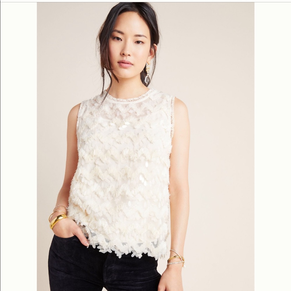 NWT Anthropologie Blue Tassel Sequined Cream Top